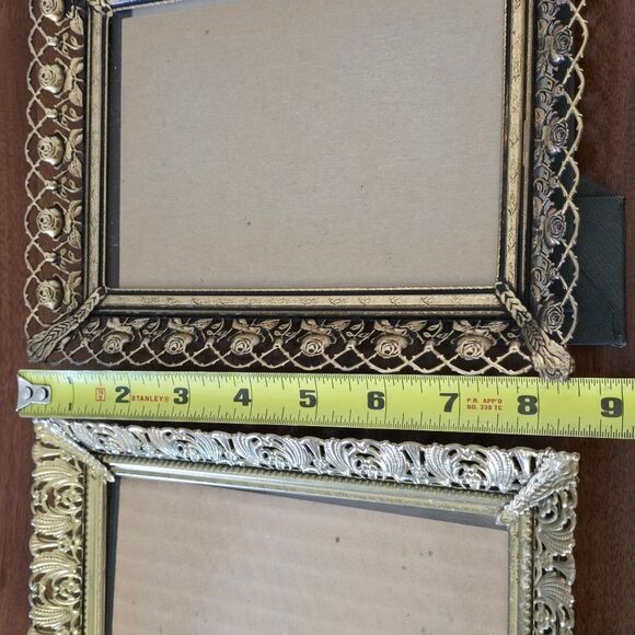 Vintage Ornate Brass Photo Frame Set Gold Tone MCM Filigree Flowers Easel - Picture 10 of 11